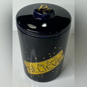 The Polar Express BELIEVE Gold Ticket Blue Cookie Jar Canister 8" Christmas New